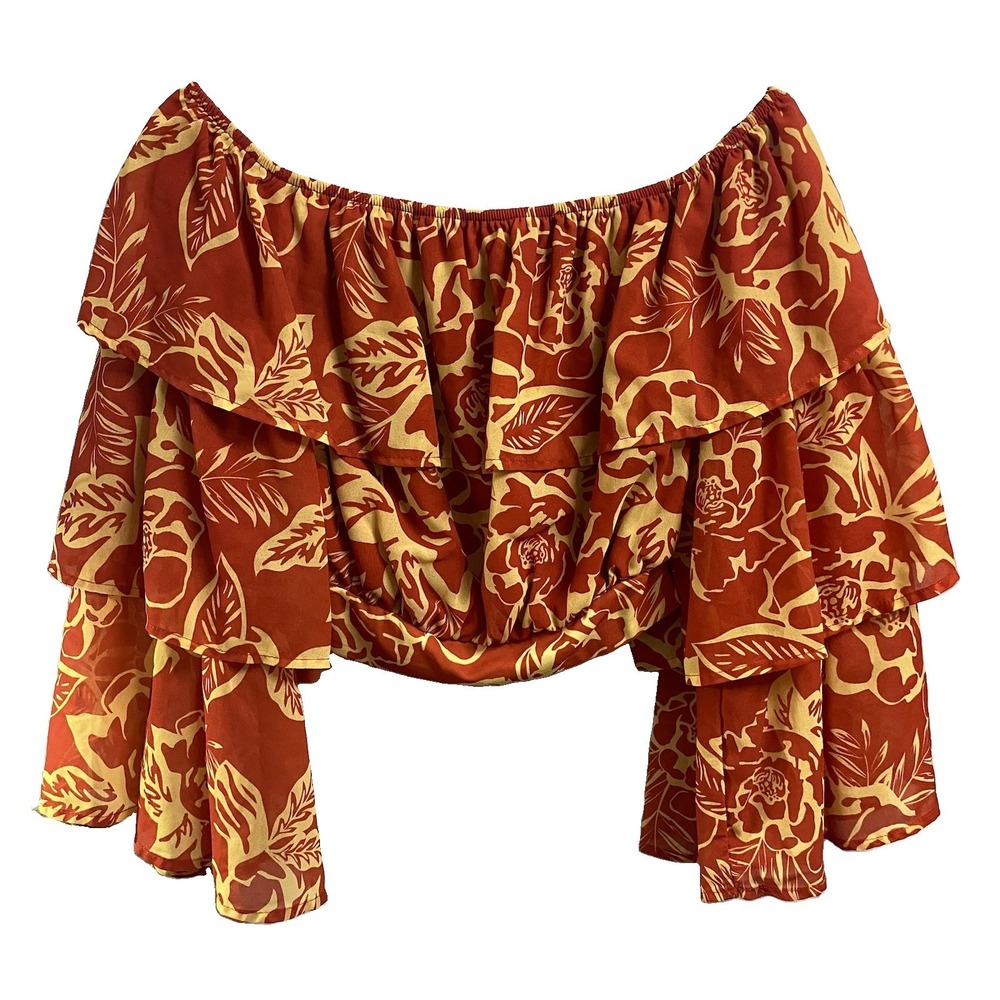 Flying Tomato Women Junior floral Orange Yellow Crop Top Off Shoulder Blouse M
